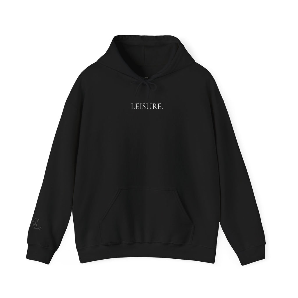 Leisure Hoodie — Minimal Front Text & Black Glove Back Graphic Hooded Sweatshirt