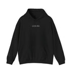 Leisure Hoodie — Minimal Front Text & Black Glove Back Graphic Hooded Sweatshirt