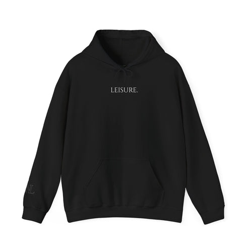 Leisure Hoodie — Minimal Front Text & Black Glove Back Graphic Hooded Sweatshirt