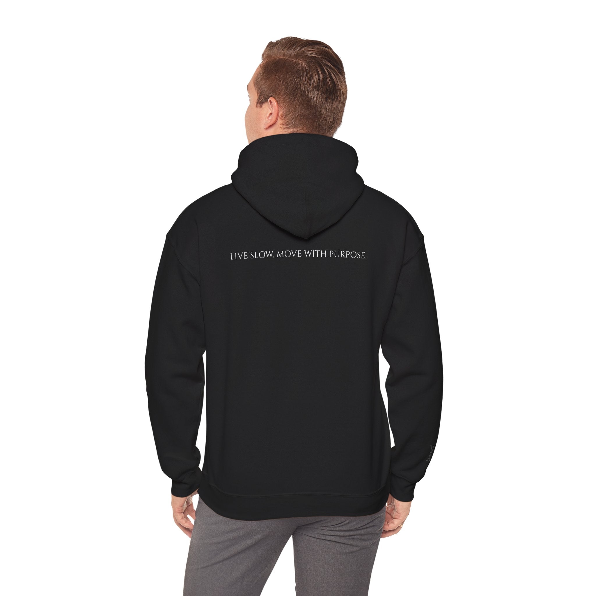Leisure Hoodie — Minimal Front Text & Black Glove Back Graphic Hooded Sweatshirt