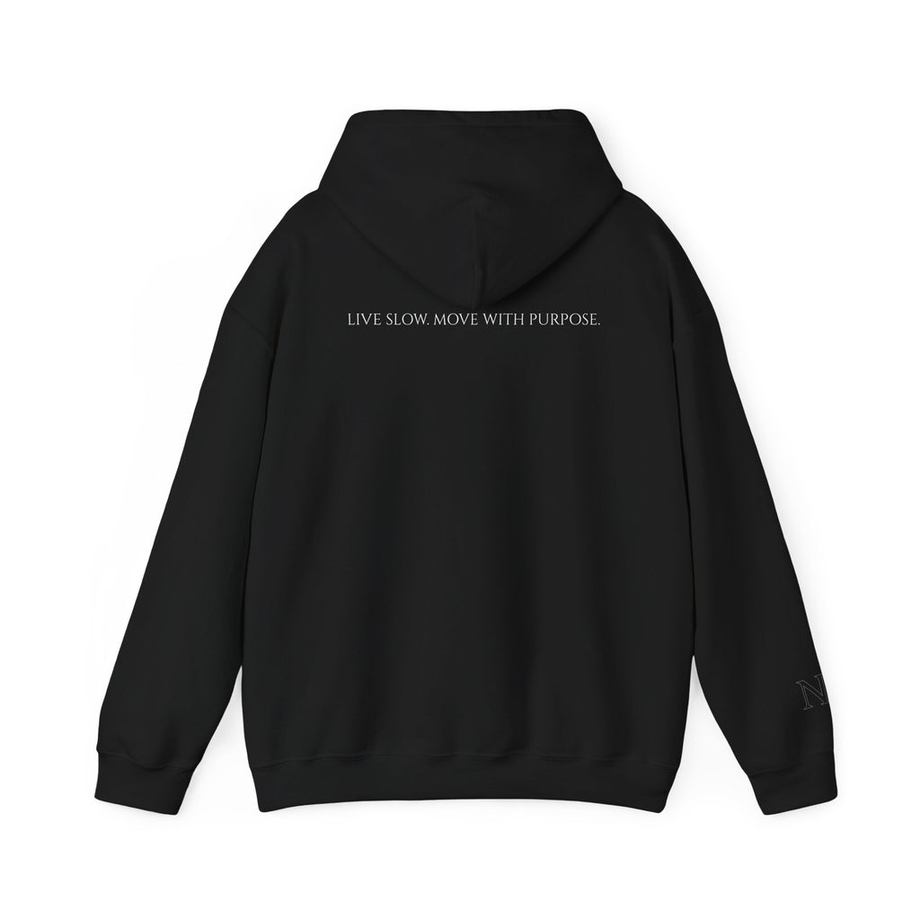Leisure Hoodie — Minimal Front Text & Black Glove Back Graphic Hooded Sweatshirt