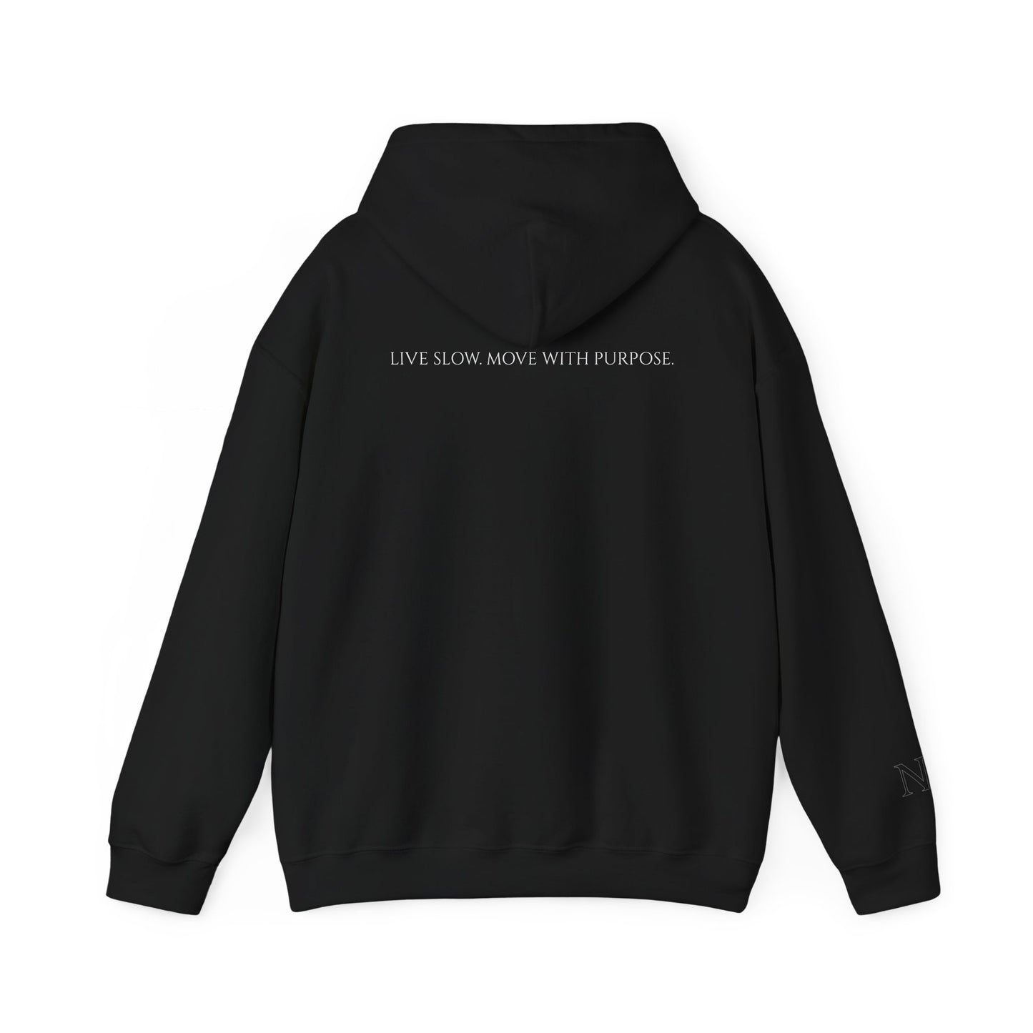 Leisure Hoodie — Minimal Front Text & Black Glove Back Graphic Hooded Sweatshirt