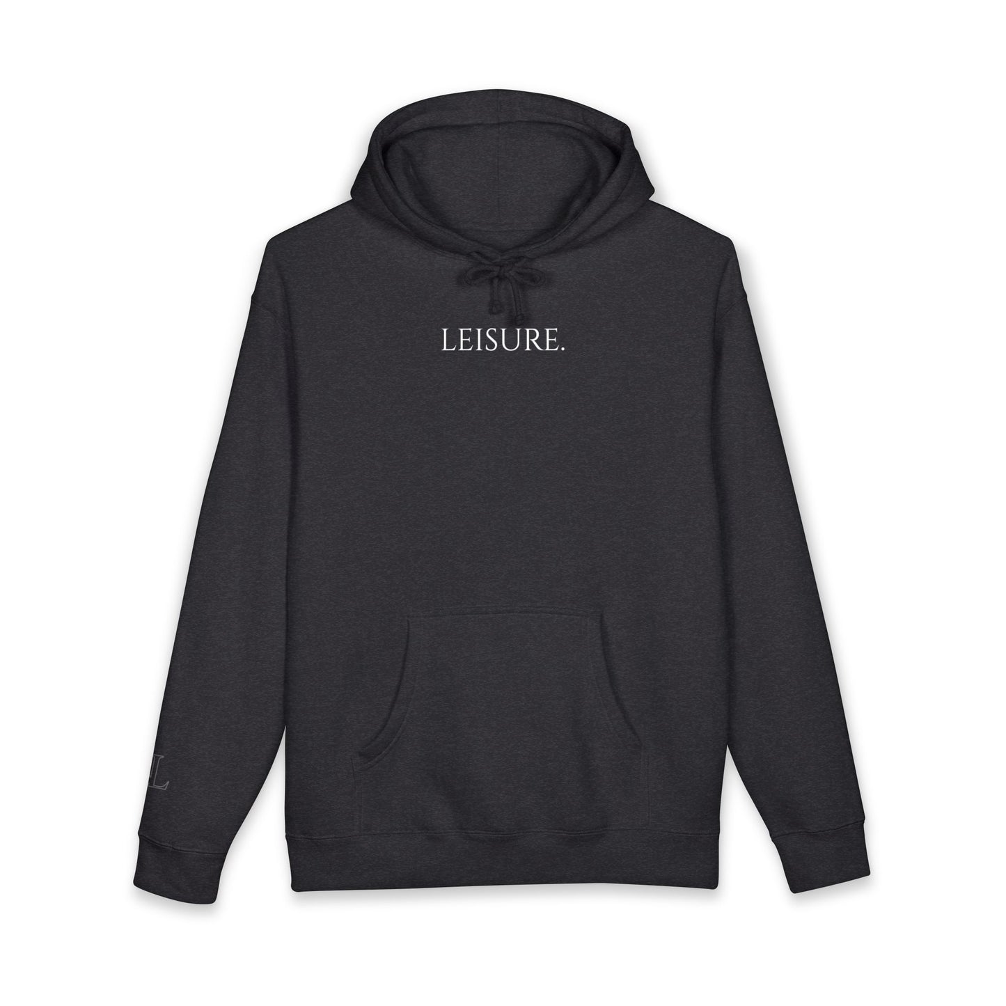 Leisure Hoodie — Minimal Front Text & Black Glove Back Graphic Hooded Sweatshirt