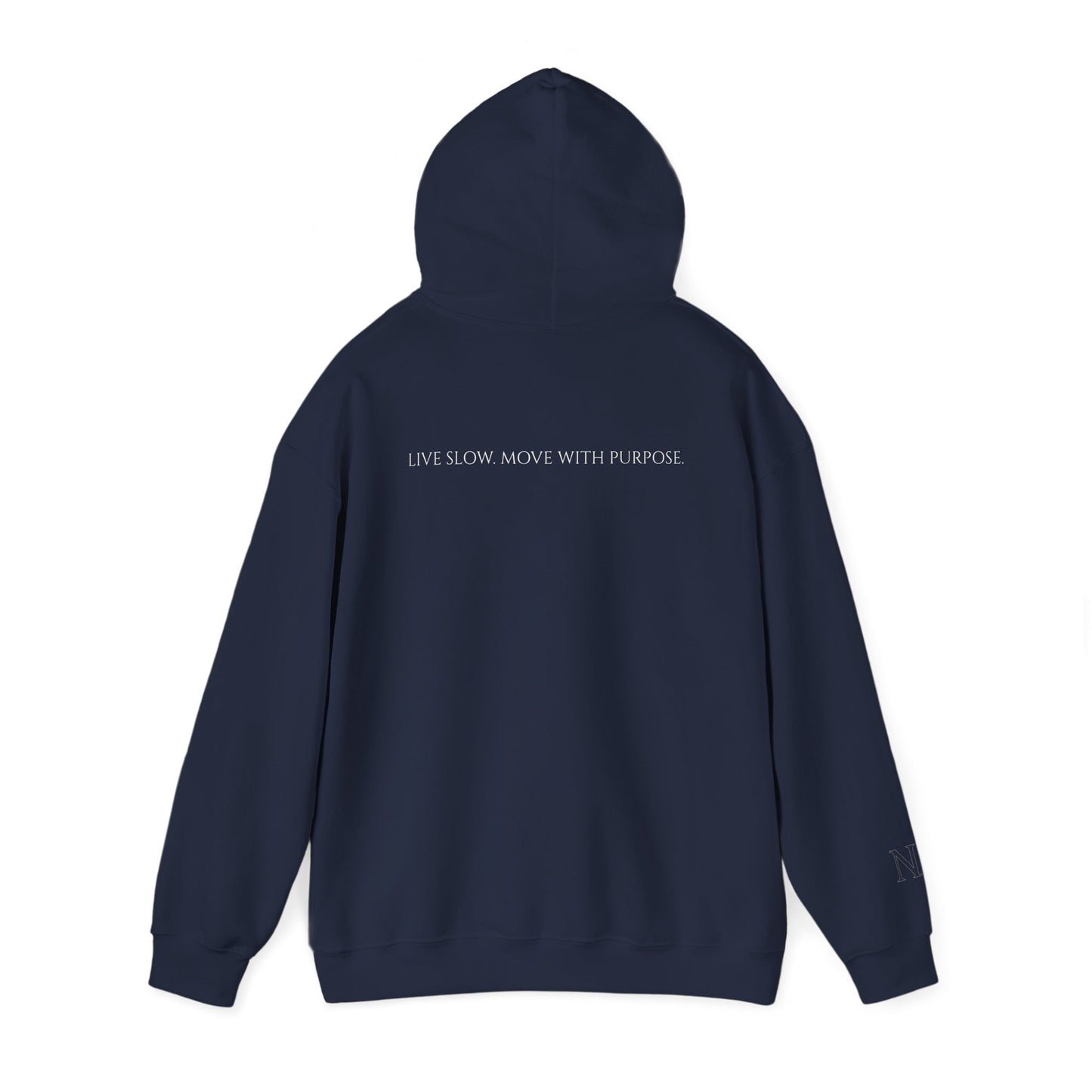 Leisure Hoodie — Minimal Front Text & Black Glove Back Graphic Hooded Sweatshirt