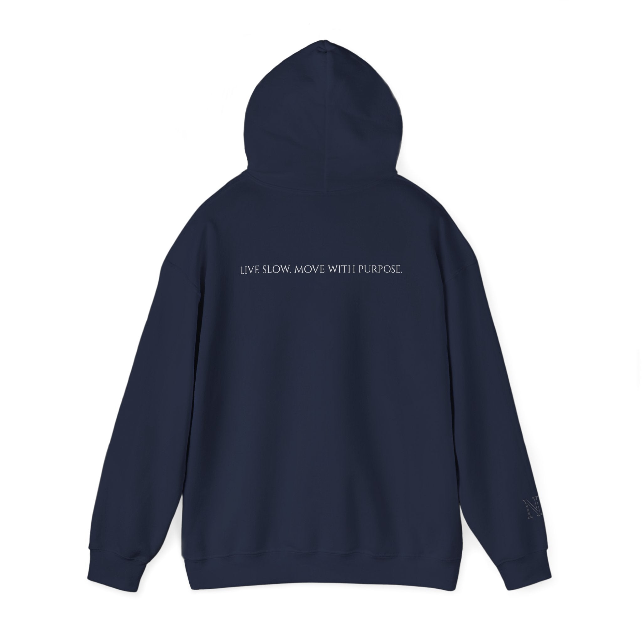 Leisure Hoodie — Minimal Front Text & Black Glove Back Graphic Hooded Sweatshirt