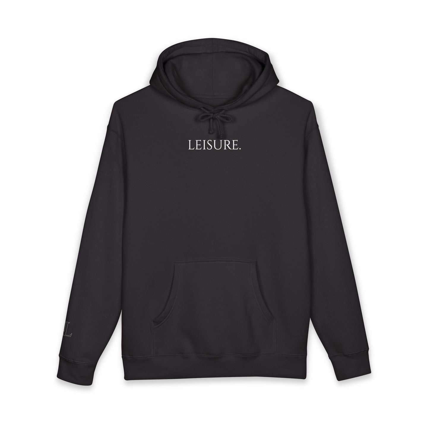 Leisure Hoodie — Minimal Front Text & Black Glove Back Graphic Hooded Sweatshirt