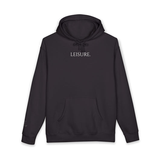 Leisure Hoodie — Minimal Front Text & Black Glove Back Graphic Hooded Sweatshirt
