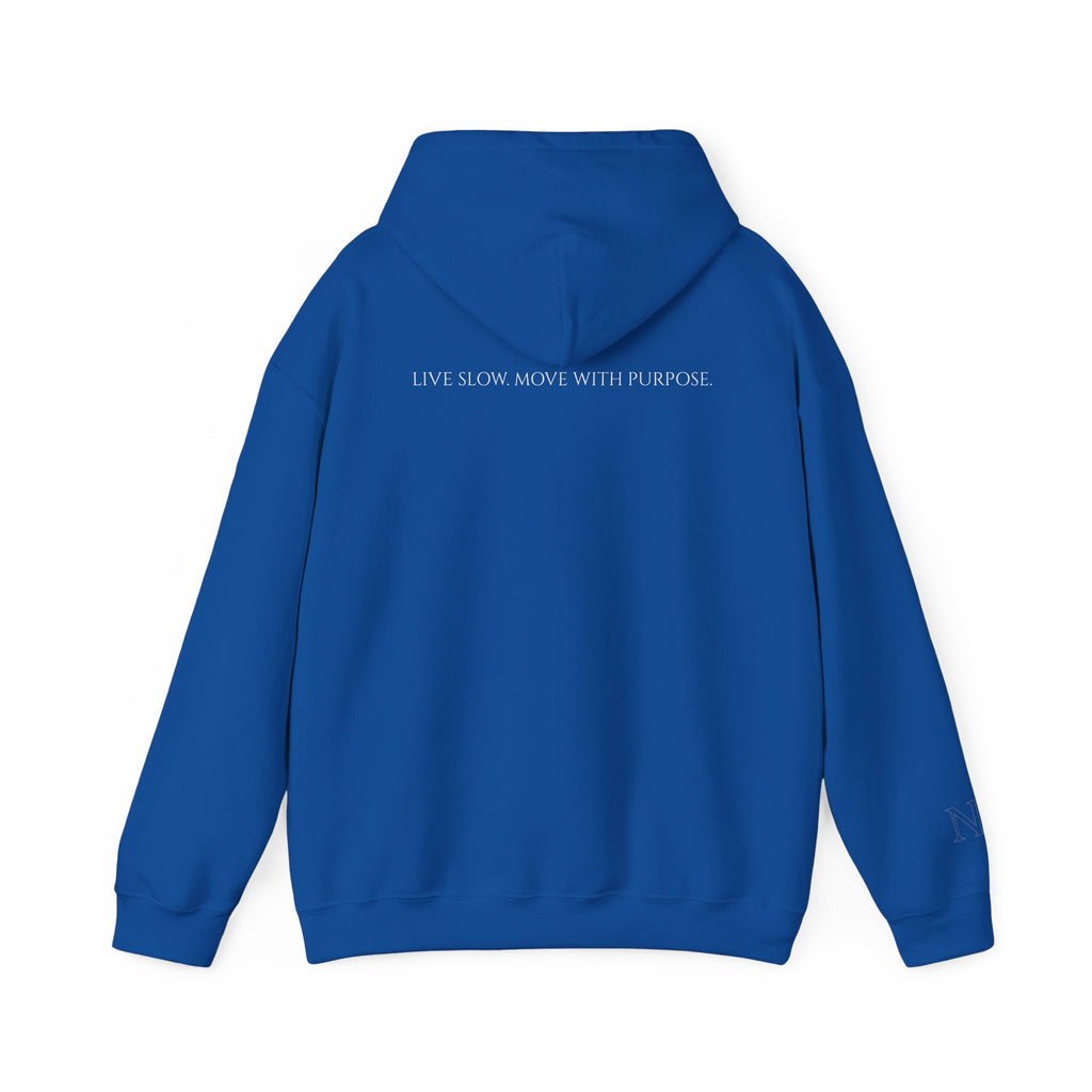 Leisure Hoodie — Minimal Front Text & Black Glove Back Graphic Hooded Sweatshirt