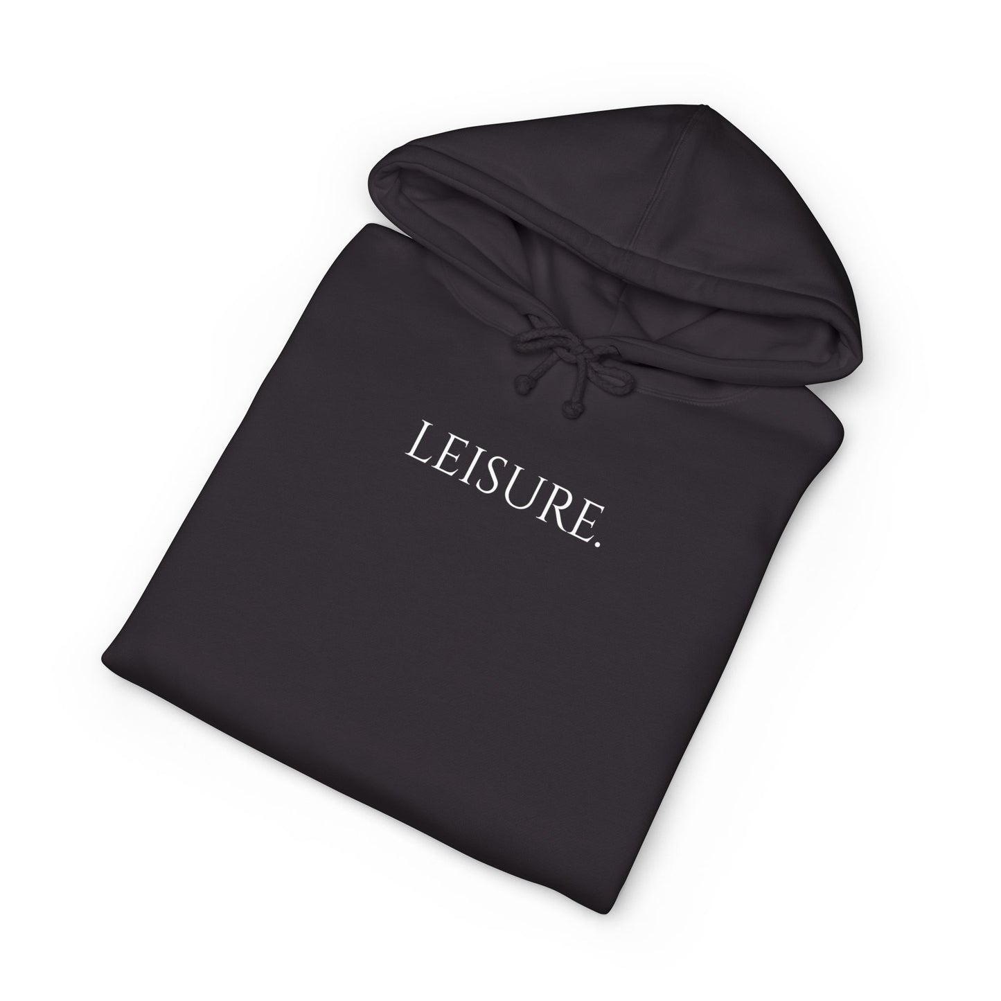 Leisure Hoodie — Minimal Front Text & Black Glove Back Graphic Hooded Sweatshirt