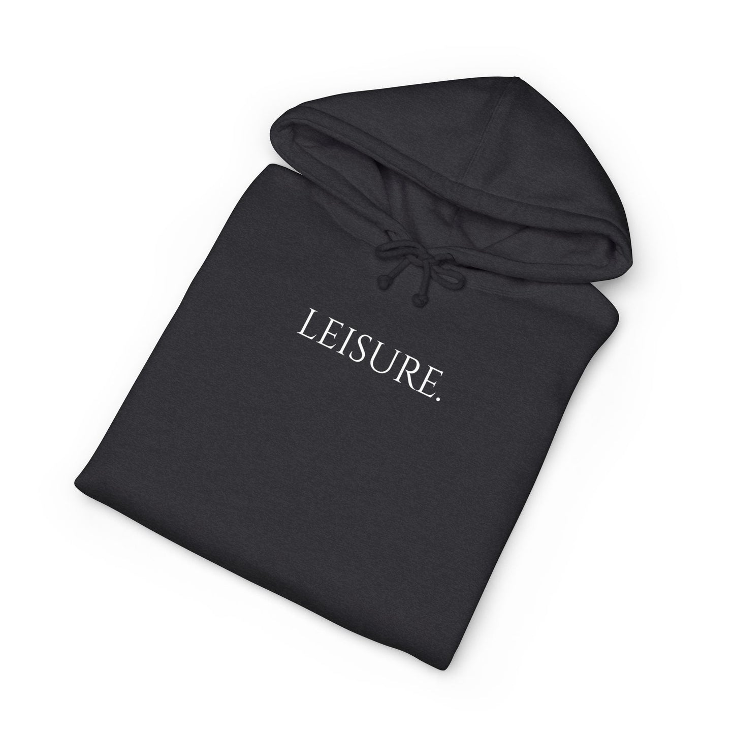 Leisure Hoodie — Minimal Front Text & Black Glove Back Graphic Hooded Sweatshirt