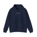 Leisure Hoodie — Minimal Front Text & Black Glove Back Graphic Hooded Sweatshirt