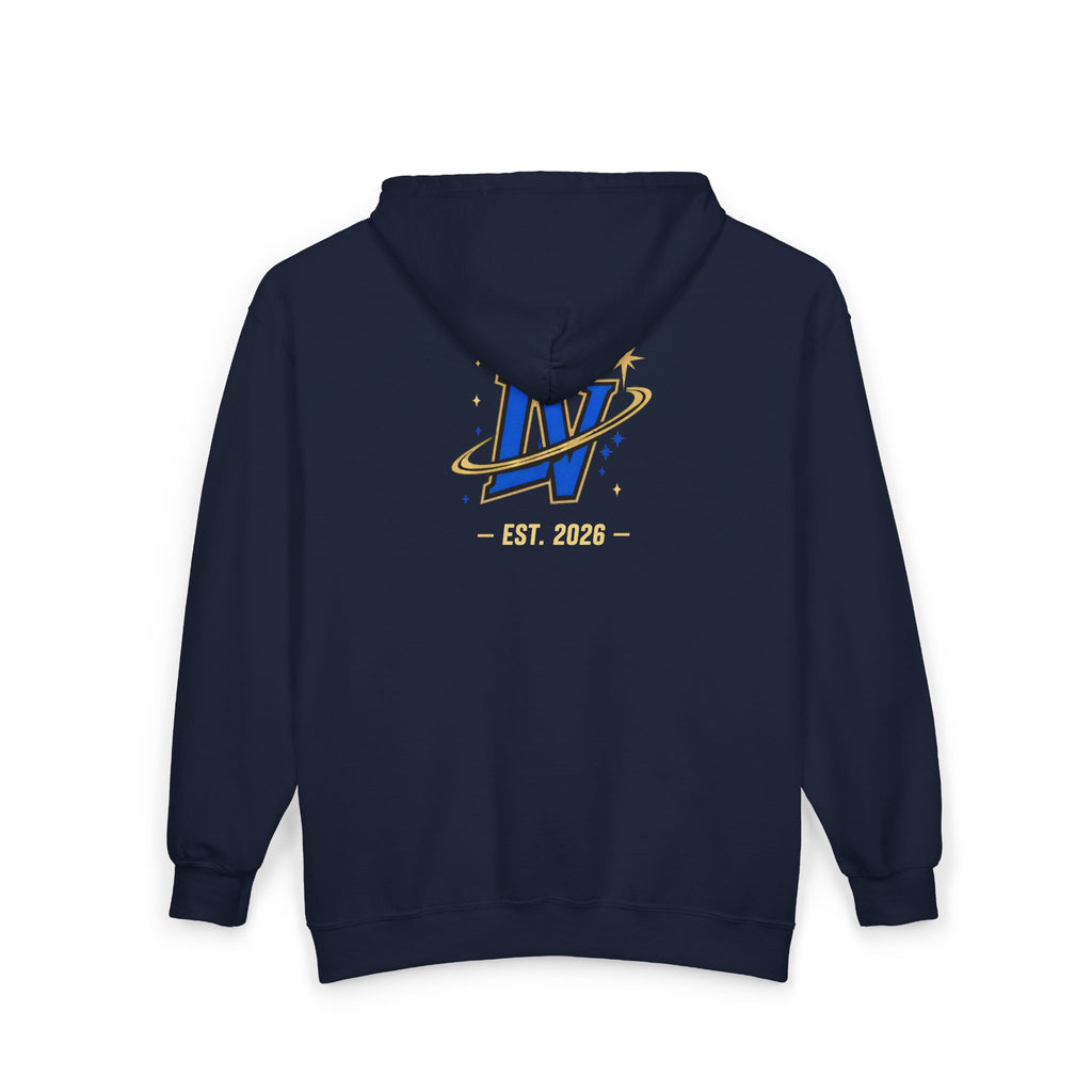 Space Voyager Zip Hoodie — 'LV' Vintage Rocket Graphic