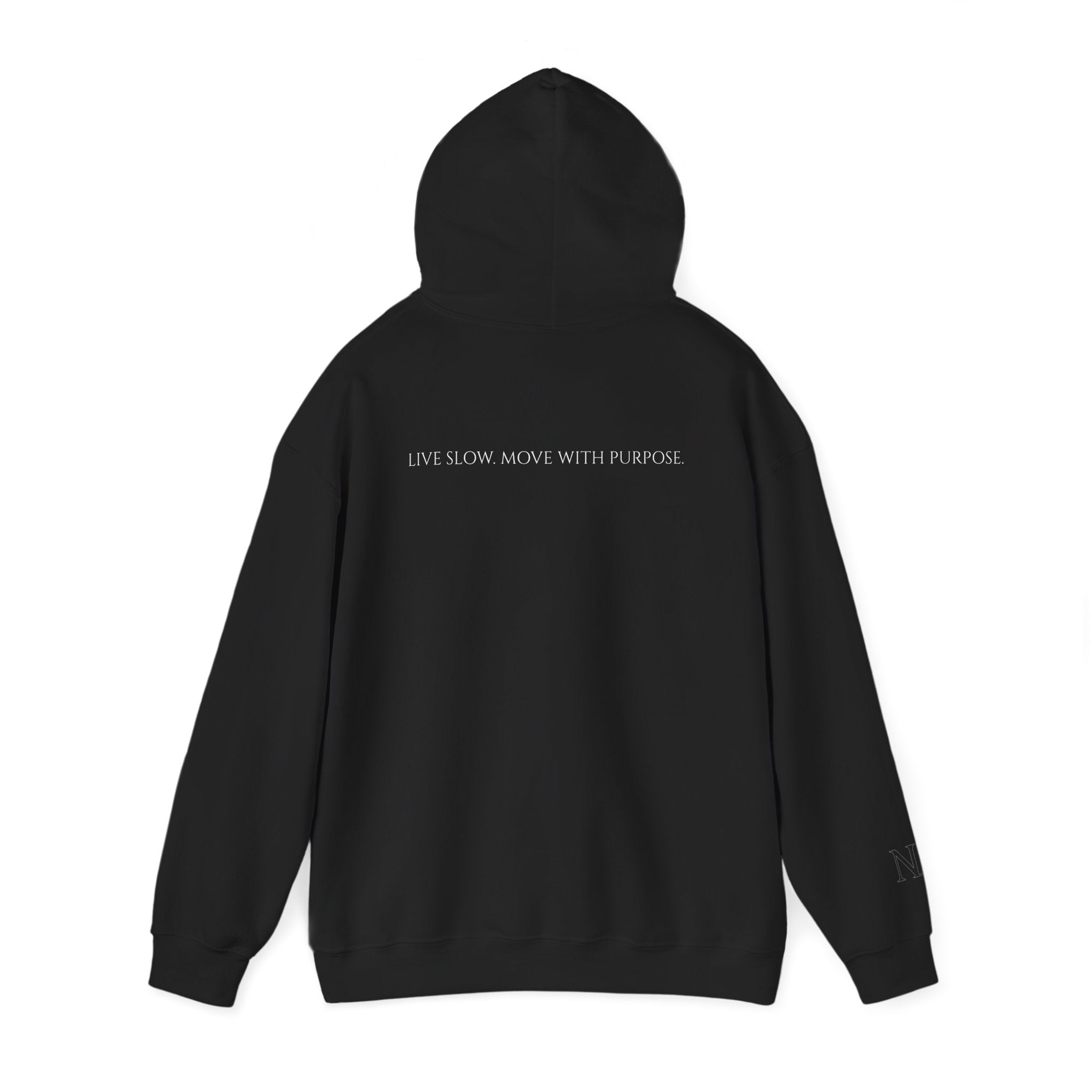 Leisure Hoodie — Minimal Front Text & Black Glove Back Graphic Hooded Sweatshirt