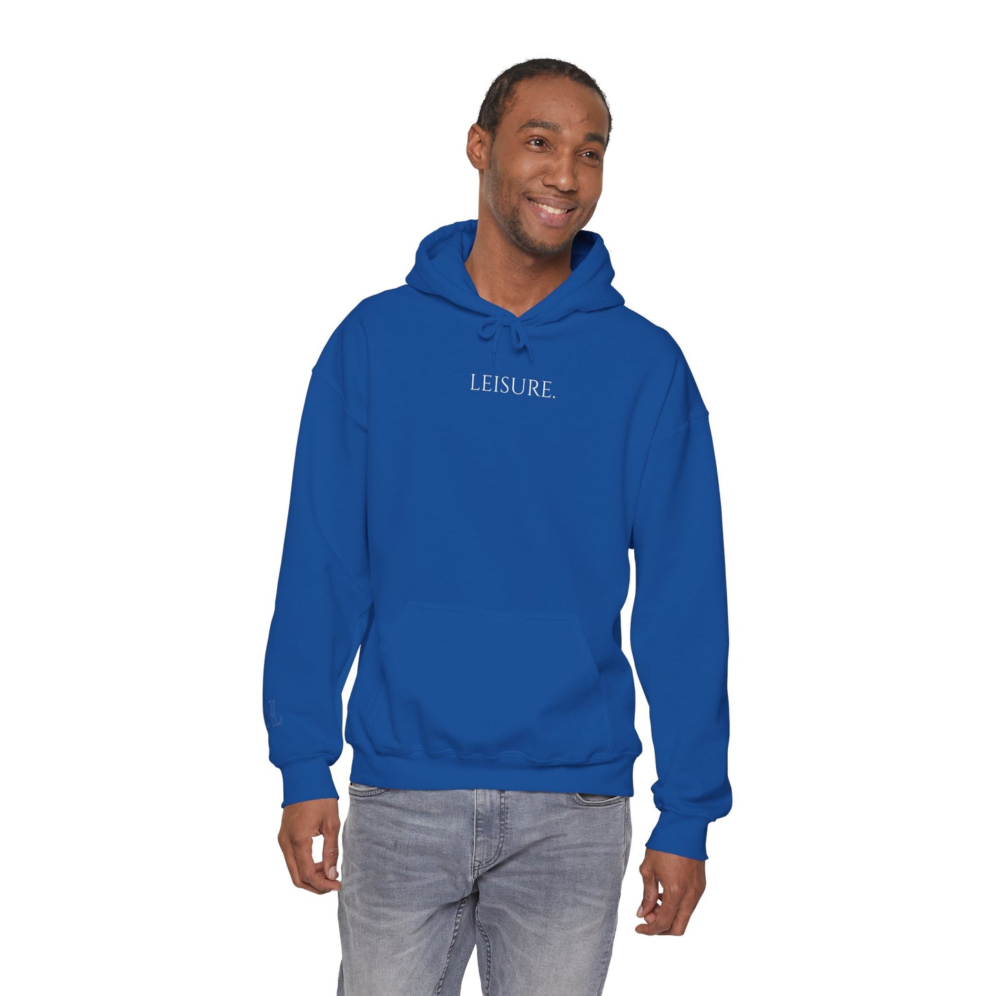 Leisure Hoodie — Minimal Front Text & Black Glove Back Graphic Hooded Sweatshirt