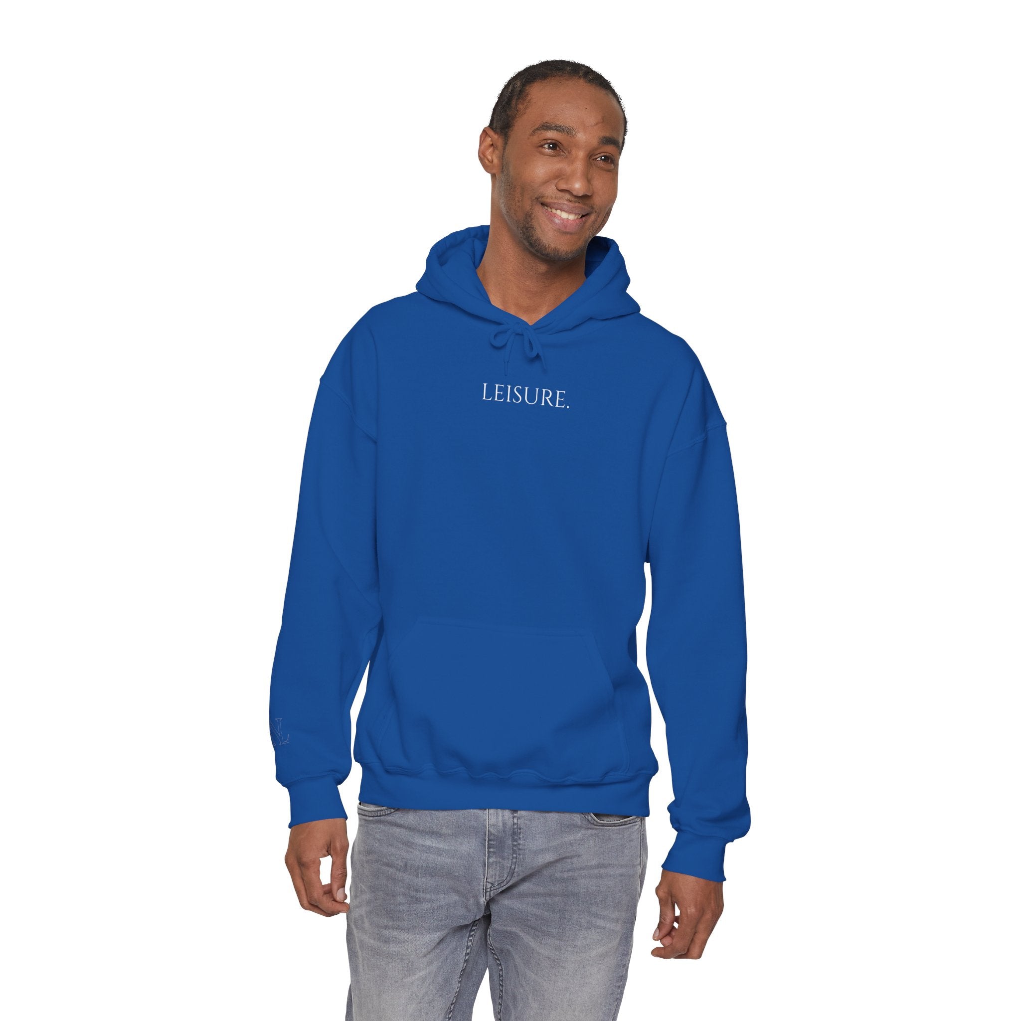 Leisure Hoodie — Minimal Front Text & Black Glove Back Graphic Hooded Sweatshirt