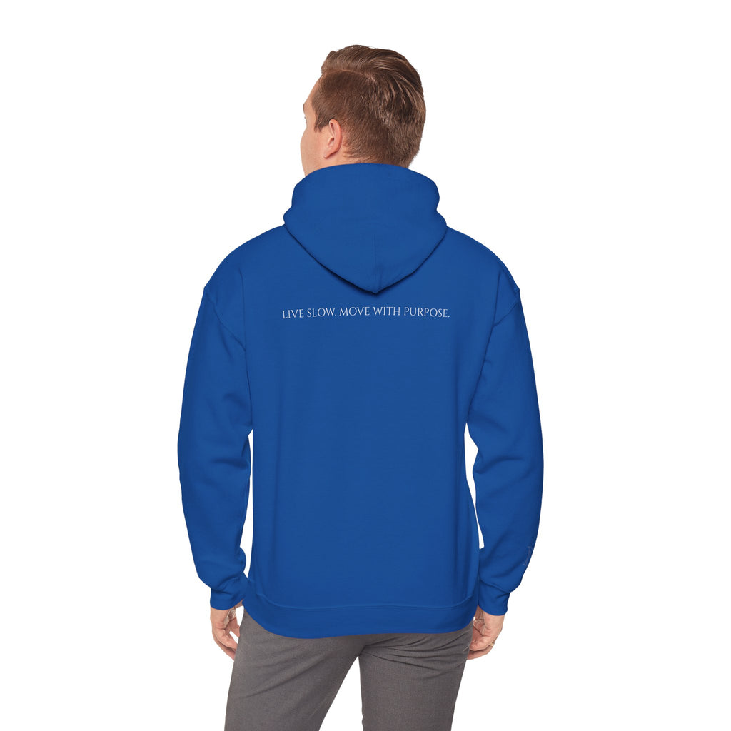 Leisure Hoodie — Minimal Front Text & Black Glove Back Graphic Hooded Sweatshirt