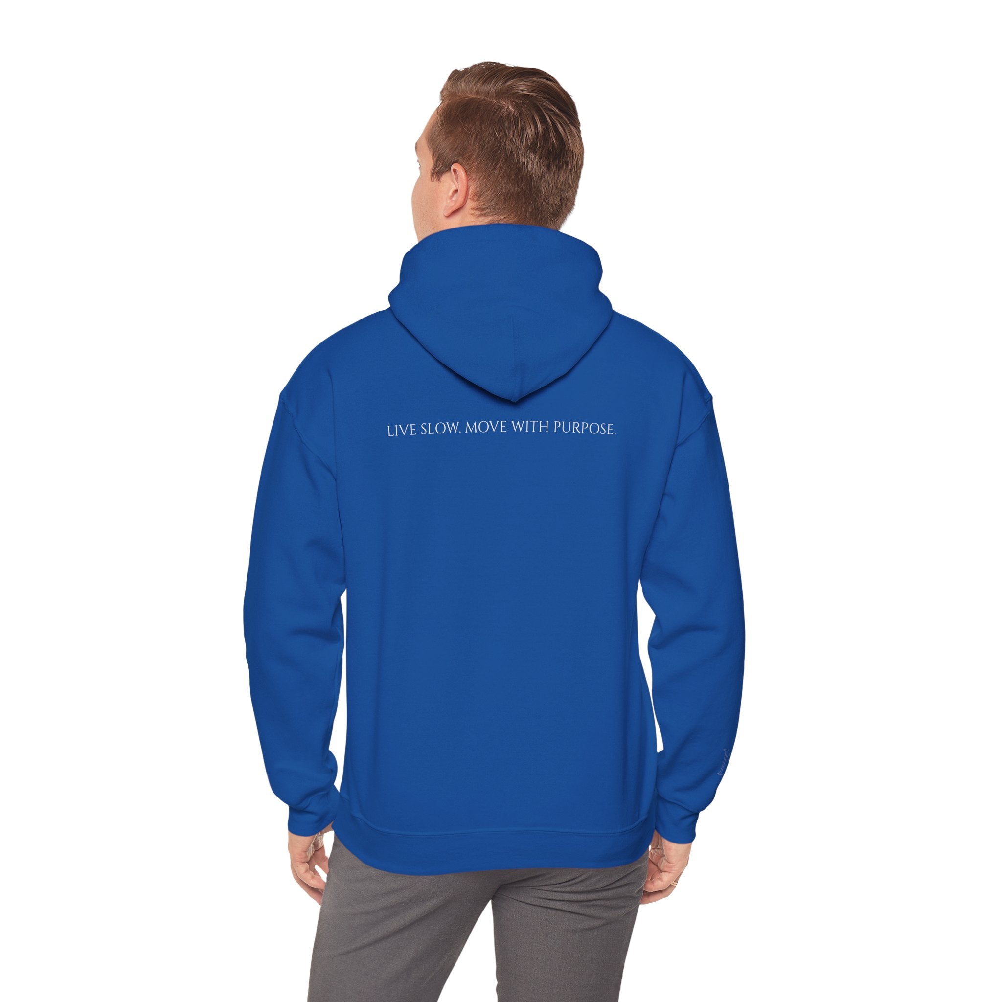 Leisure Hoodie — Minimal Front Text & Black Glove Back Graphic Hooded Sweatshirt
