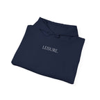 Leisure Hoodie — Minimal Front Text & Black Glove Back Graphic Hooded Sweatshirt