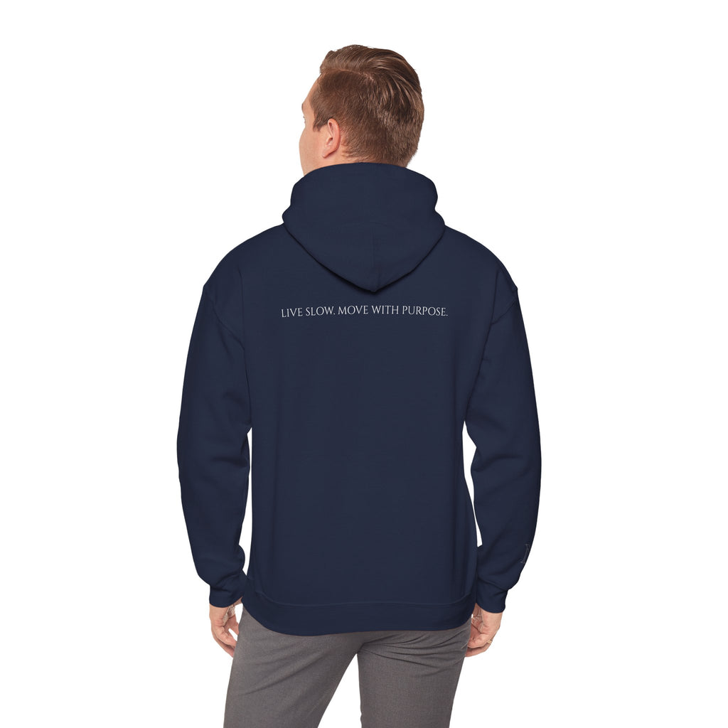 Leisure Hoodie — Minimal Front Text & Black Glove Back Graphic Hooded Sweatshirt