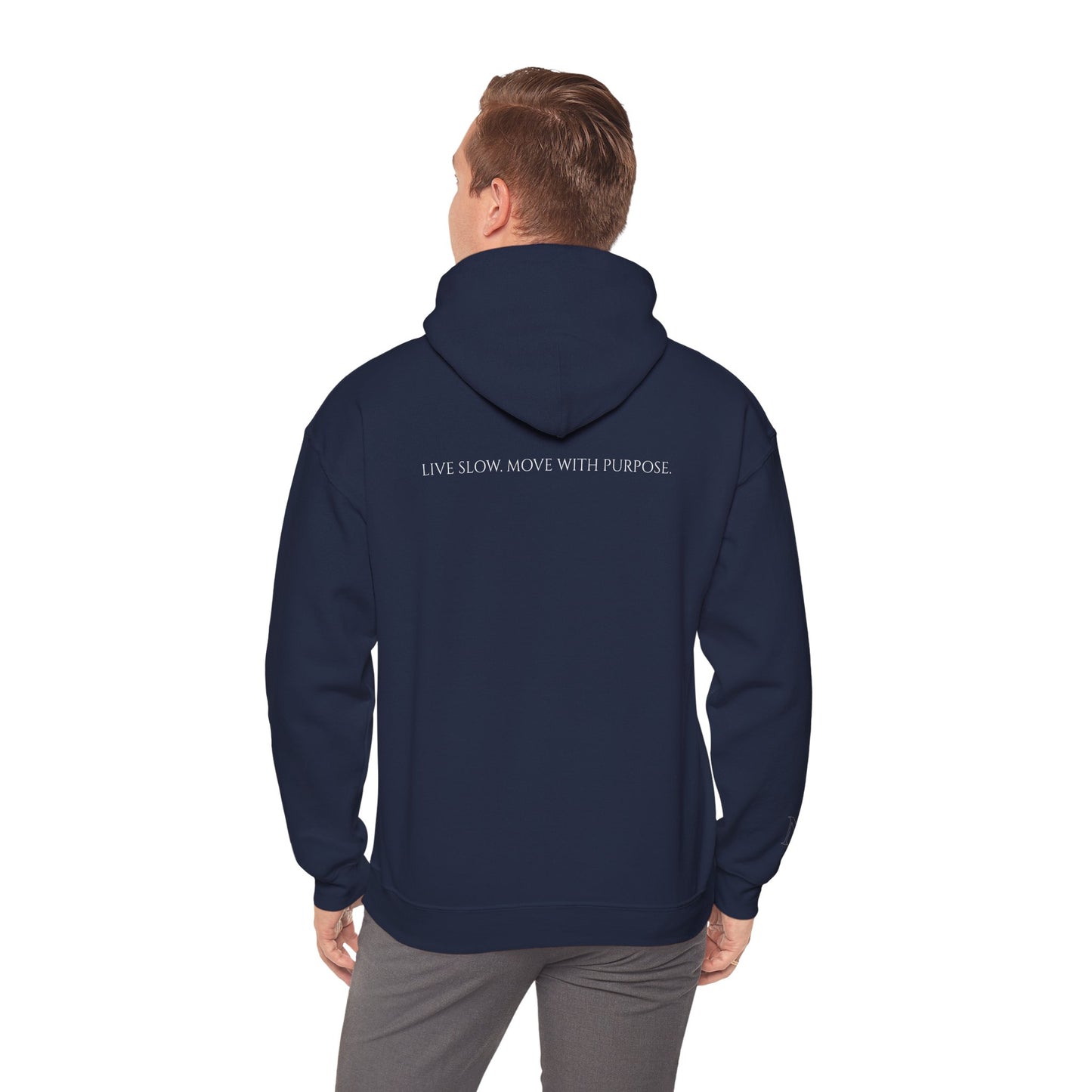 Leisure Hoodie — Minimal Front Text & Black Glove Back Graphic Hooded Sweatshirt