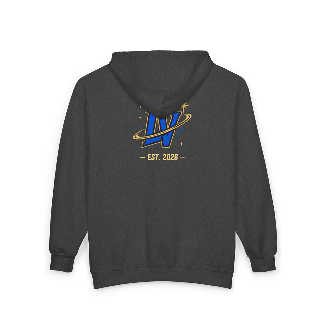 Space Voyager Zip Hoodie — 'LV' Vintage Rocket Graphic