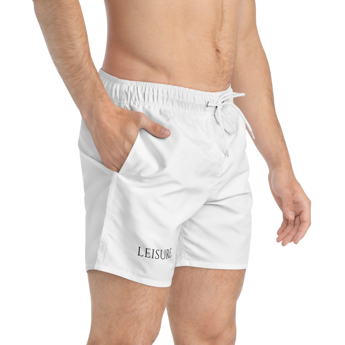 Swim Trunks — Minimal Black "LEISURE." Beach Shorts