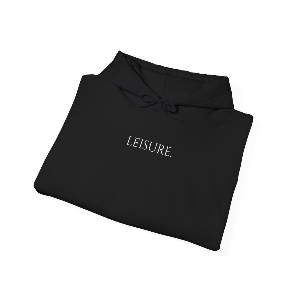 Leisure Hoodie — Minimal Front Text & Black Glove Back Graphic Hooded Sweatshirt