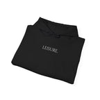 Leisure Hoodie — Minimal Front Text & Black Glove Back Graphic Hooded Sweatshirt