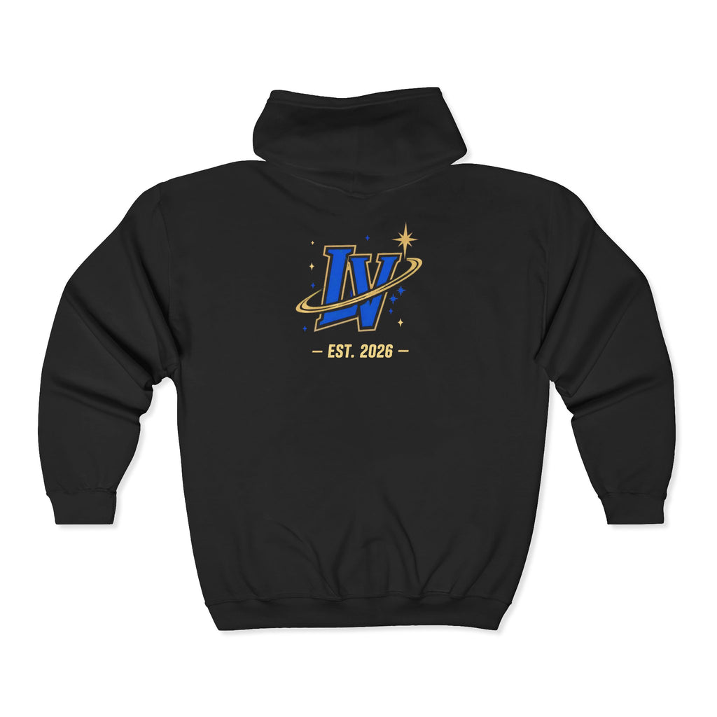 Space Voyager Zip Hoodie — 'LV' Vintage Rocket Graphic