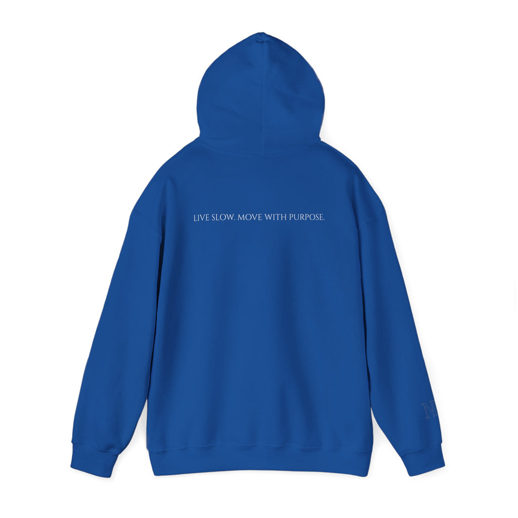 Leisure Hoodie — Minimal Front Text & Black Glove Back Graphic Hooded Sweatshirt