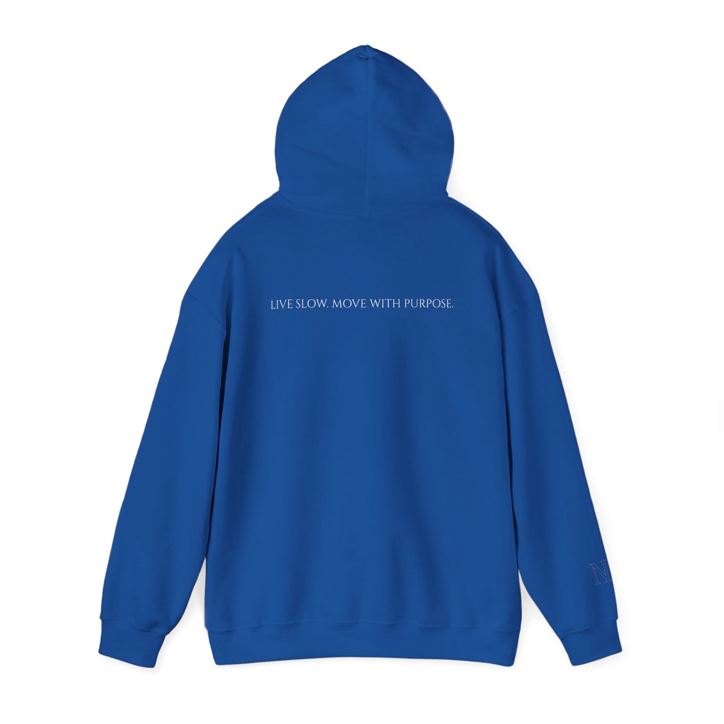Leisure Hoodie — Minimal Front Text & Black Glove Back Graphic Hooded Sweatshirt