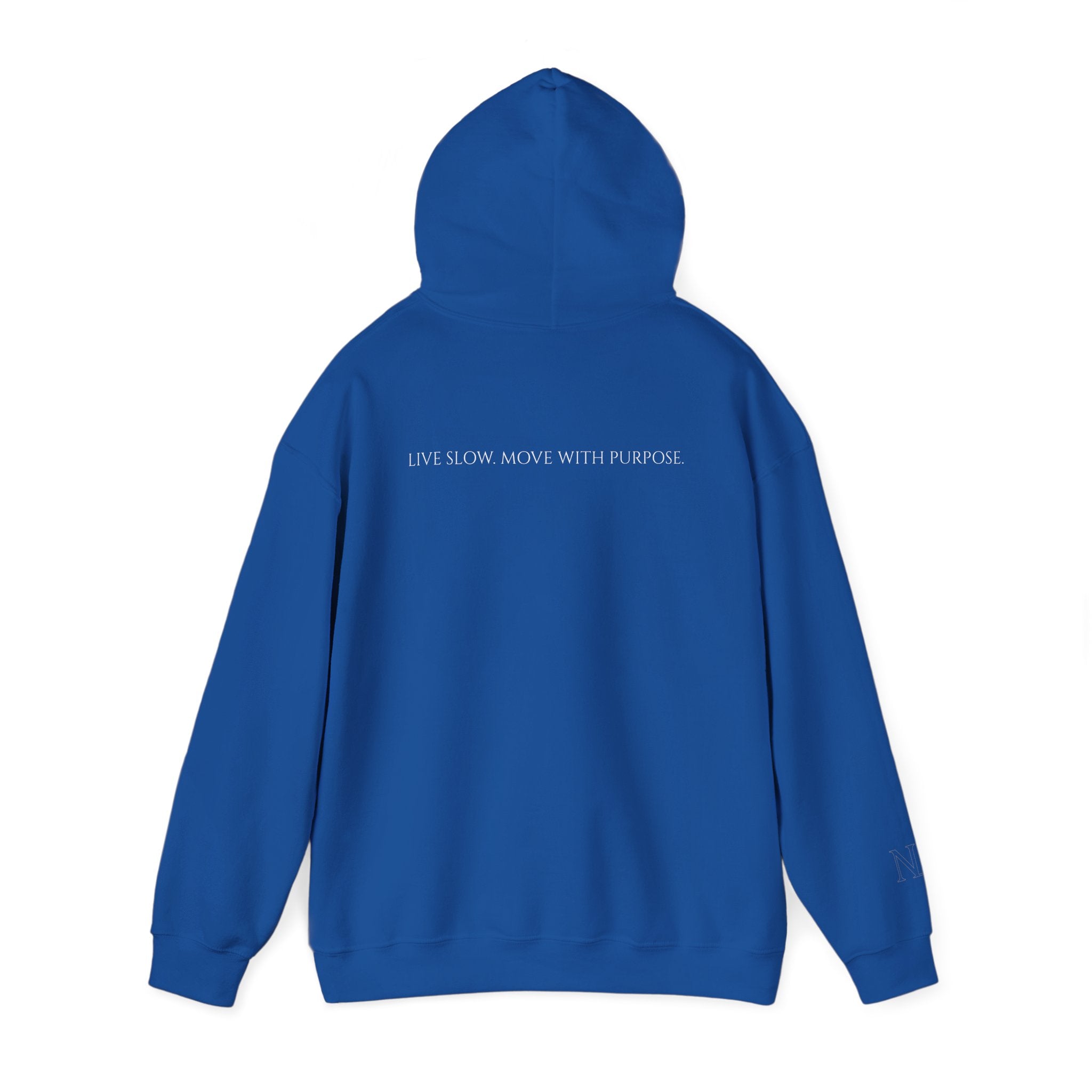 Leisure Hoodie — Minimal Front Text & Black Glove Back Graphic Hooded Sweatshirt