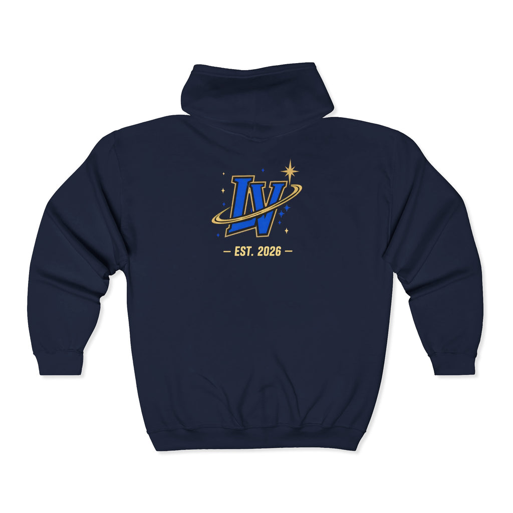 Space Voyager Zip Hoodie — 'LV' Vintage Rocket Graphic