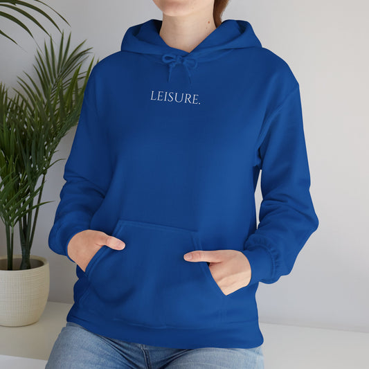 Leisure Hoodie — Minimal Front Text & Black Glove Back Graphic Hooded Sweatshirt