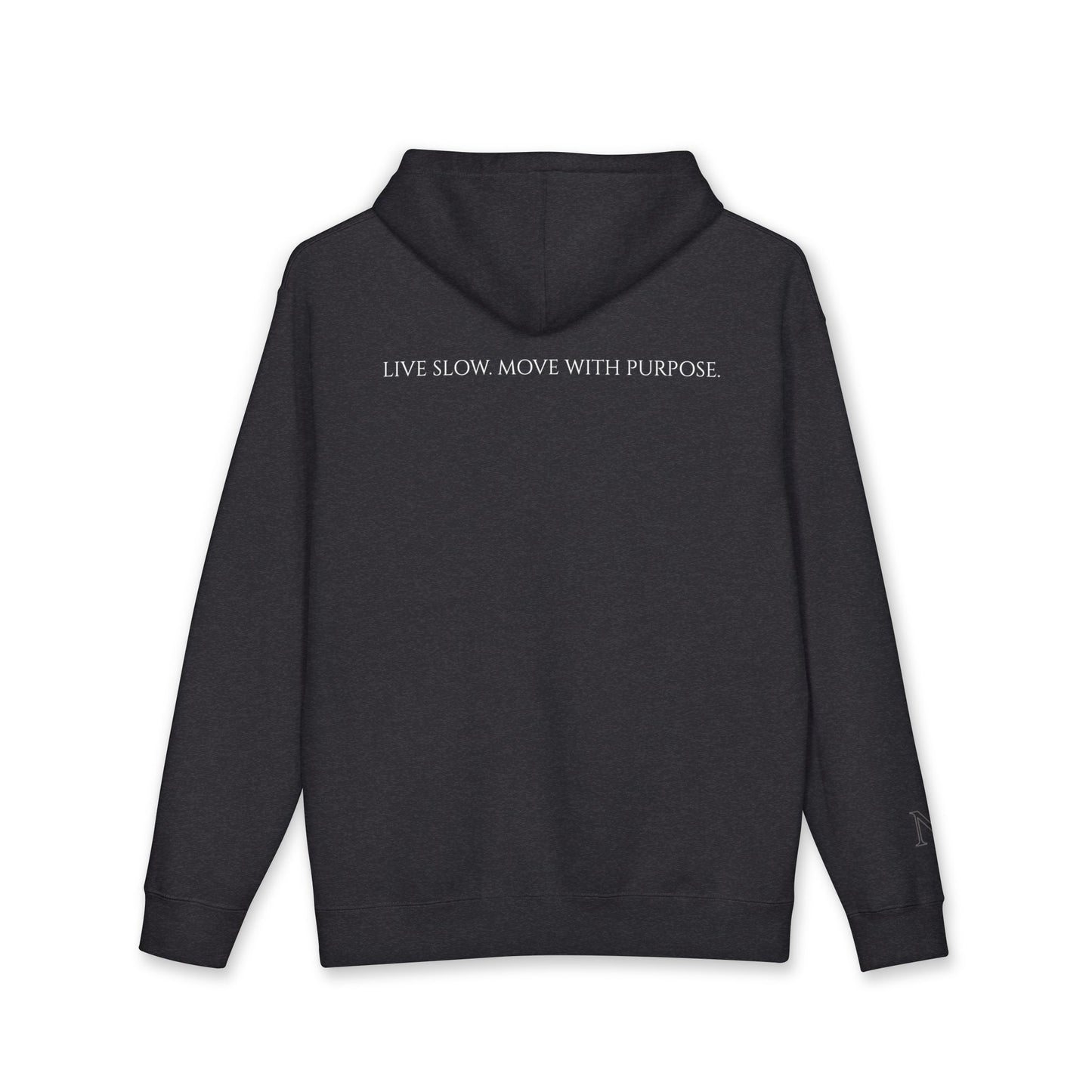 Leisure Hoodie — Minimal Front Text & Black Glove Back Graphic Hooded Sweatshirt