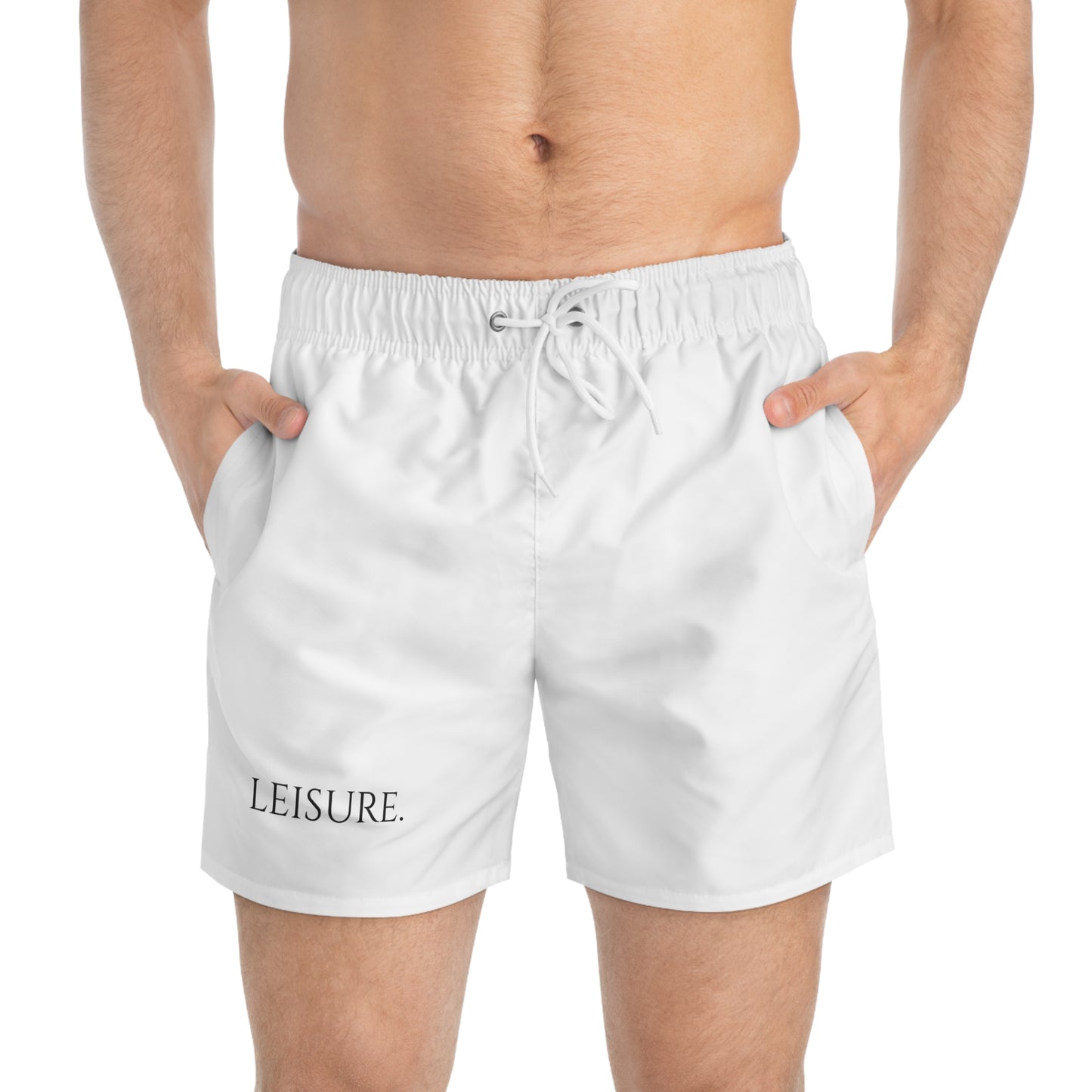 Swim Trunks — Minimal Black "LEISURE." Beach Shorts