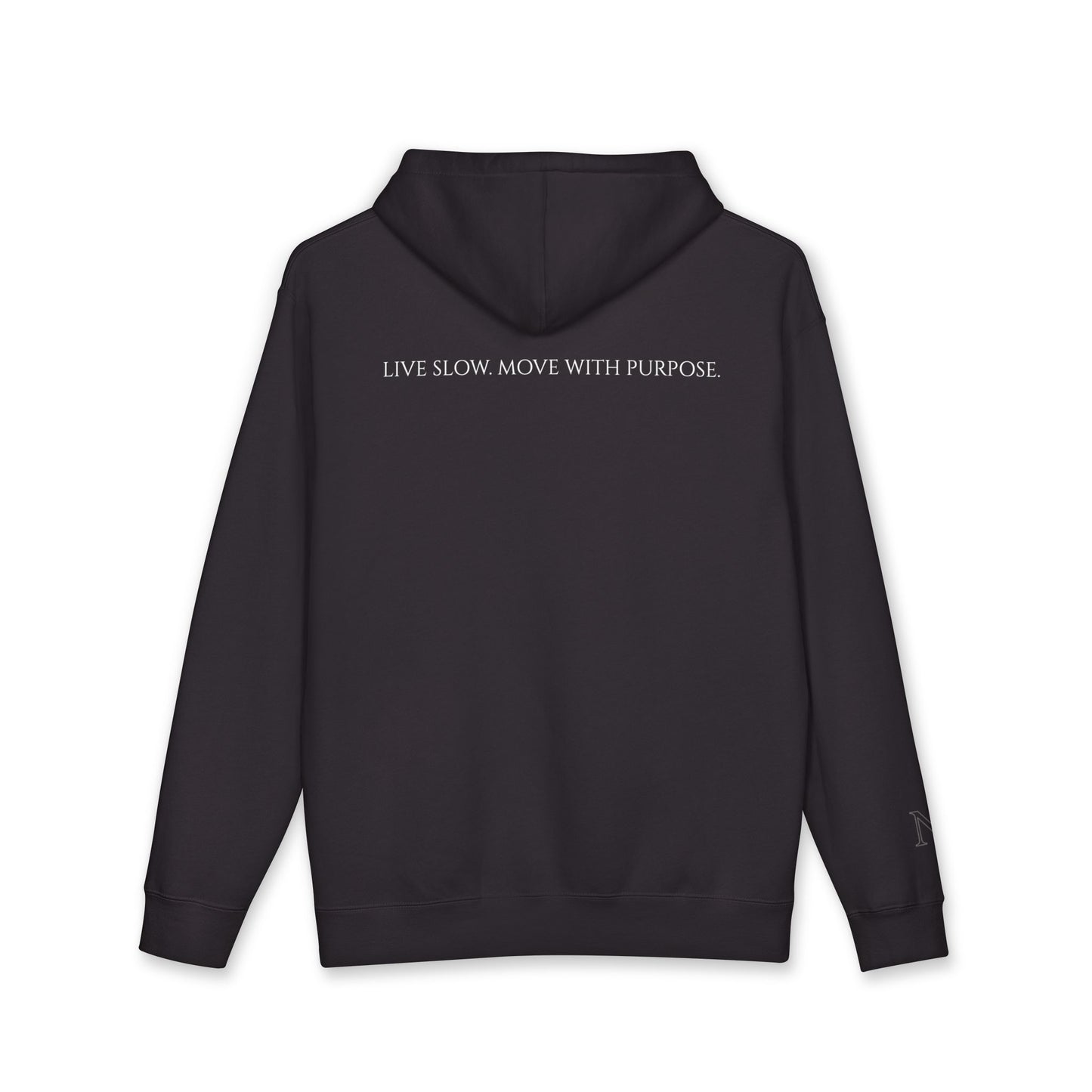 Leisure Hoodie — Minimal Front Text & Black Glove Back Graphic Hooded Sweatshirt