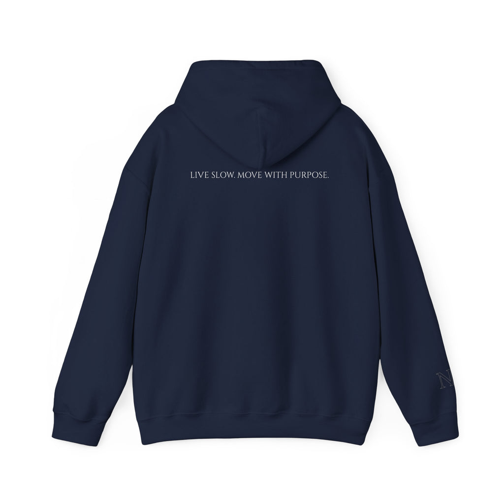 Leisure Hoodie — Minimal Front Text & Black Glove Back Graphic Hooded Sweatshirt