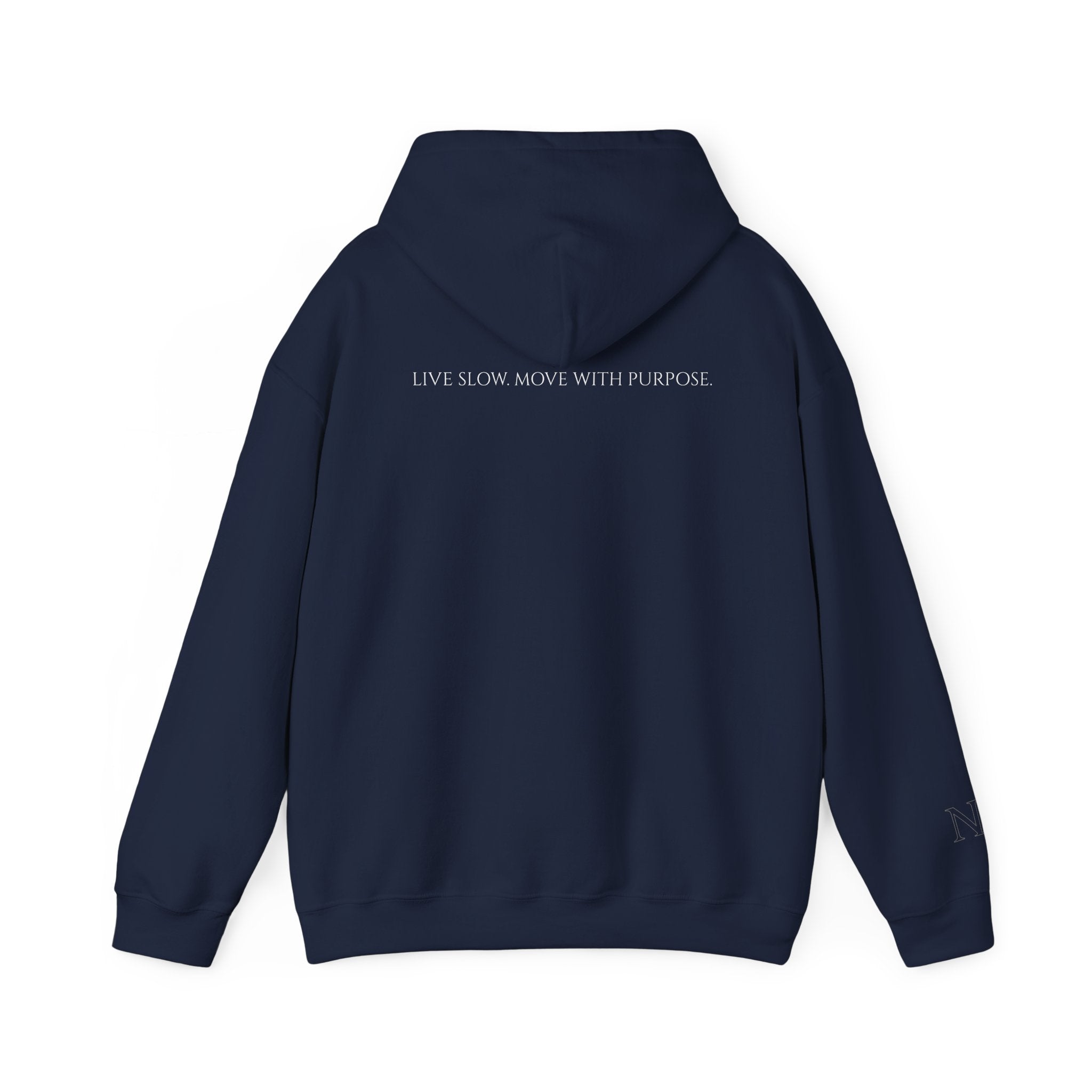 Leisure Hoodie — Minimal Front Text & Black Glove Back Graphic Hooded Sweatshirt